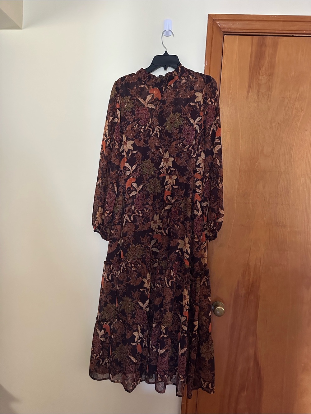 Lost + Wander Brown Floral Long Sleeve Tiered Midi Dress